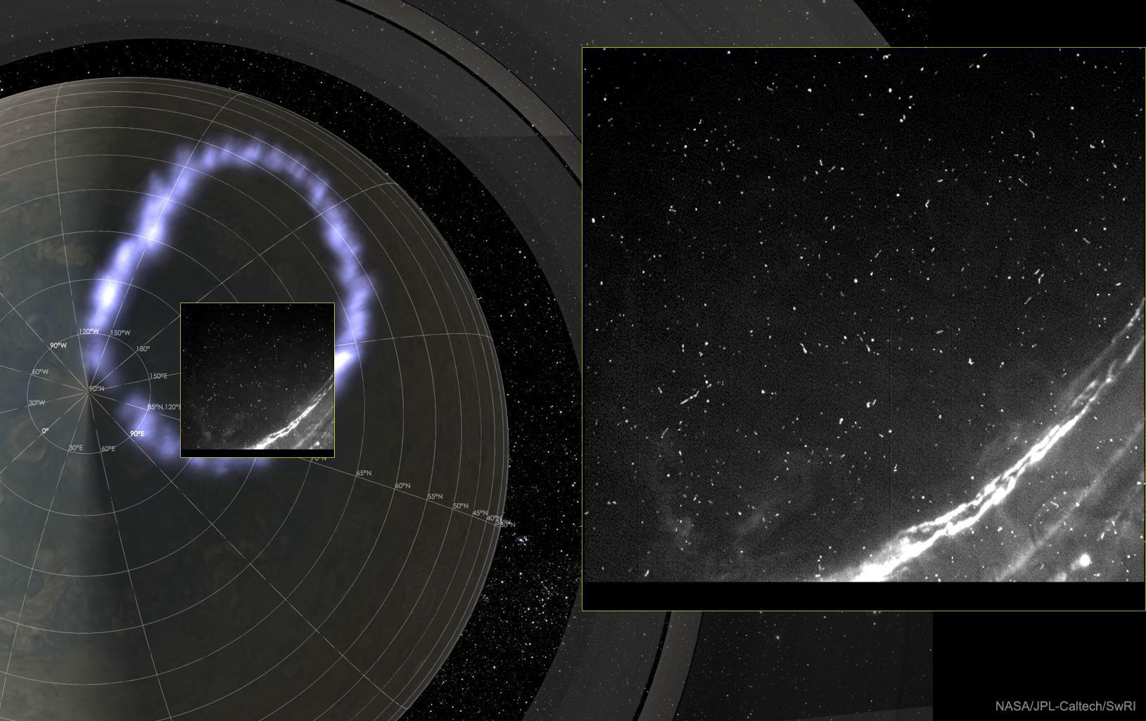 صورة تُظهر الشفق القُطبيّ الشماليّ بيضويّ الشكل لكوكب المُشتري وبضعة نقاط وخطوط ساطعة. هناك صورة مُدرجة على اليمين تُظهر لمعان برق المشتري عن كثب.