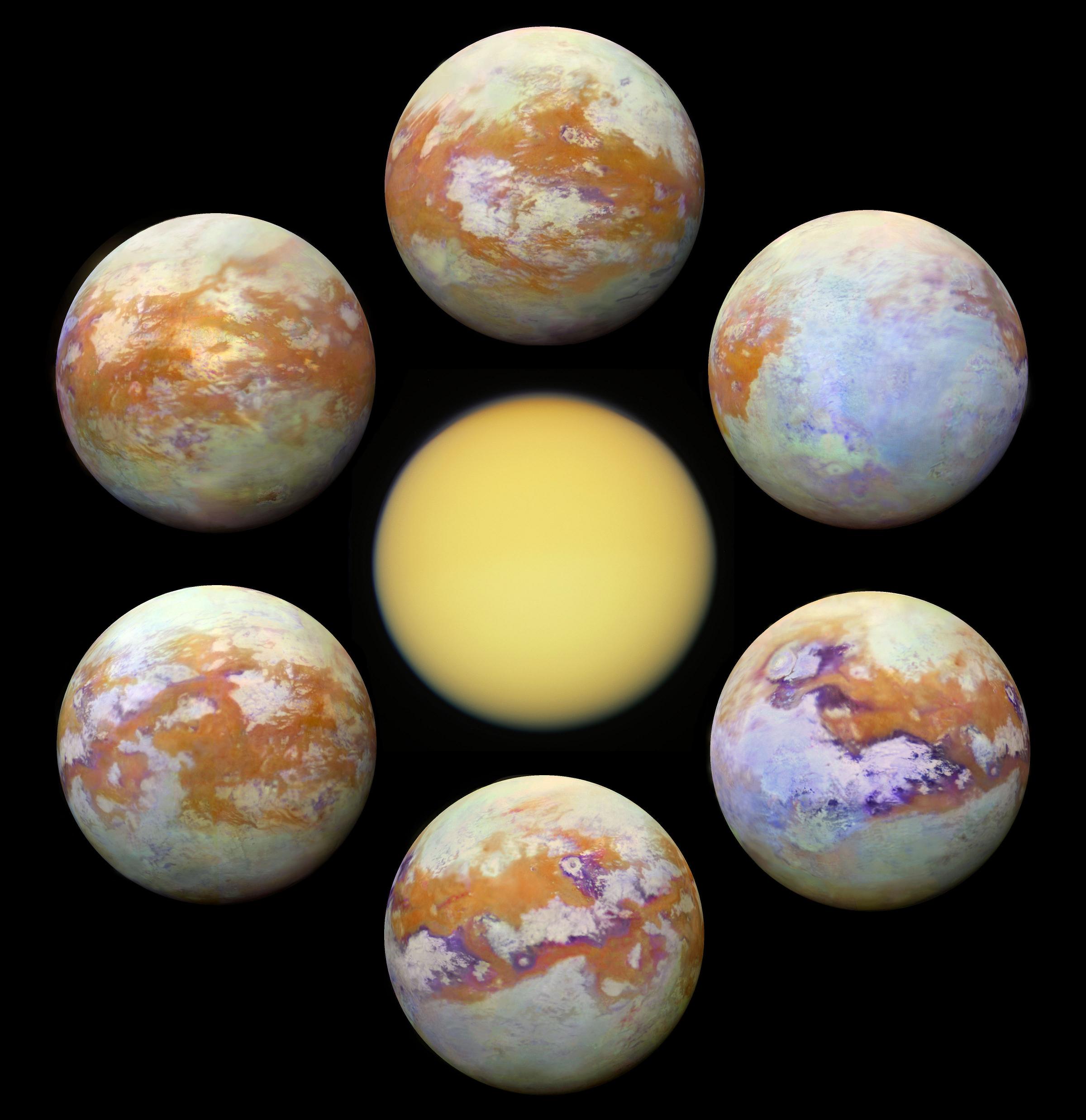 "تيتان"، قمر زُحَل الأكبر، في المركز بالضوء المرئي حيث لا معالم واضحة له، و6 لوحات من حوله تعرضه بالضوء تحت الأحمر بمعالم مُذهلة.