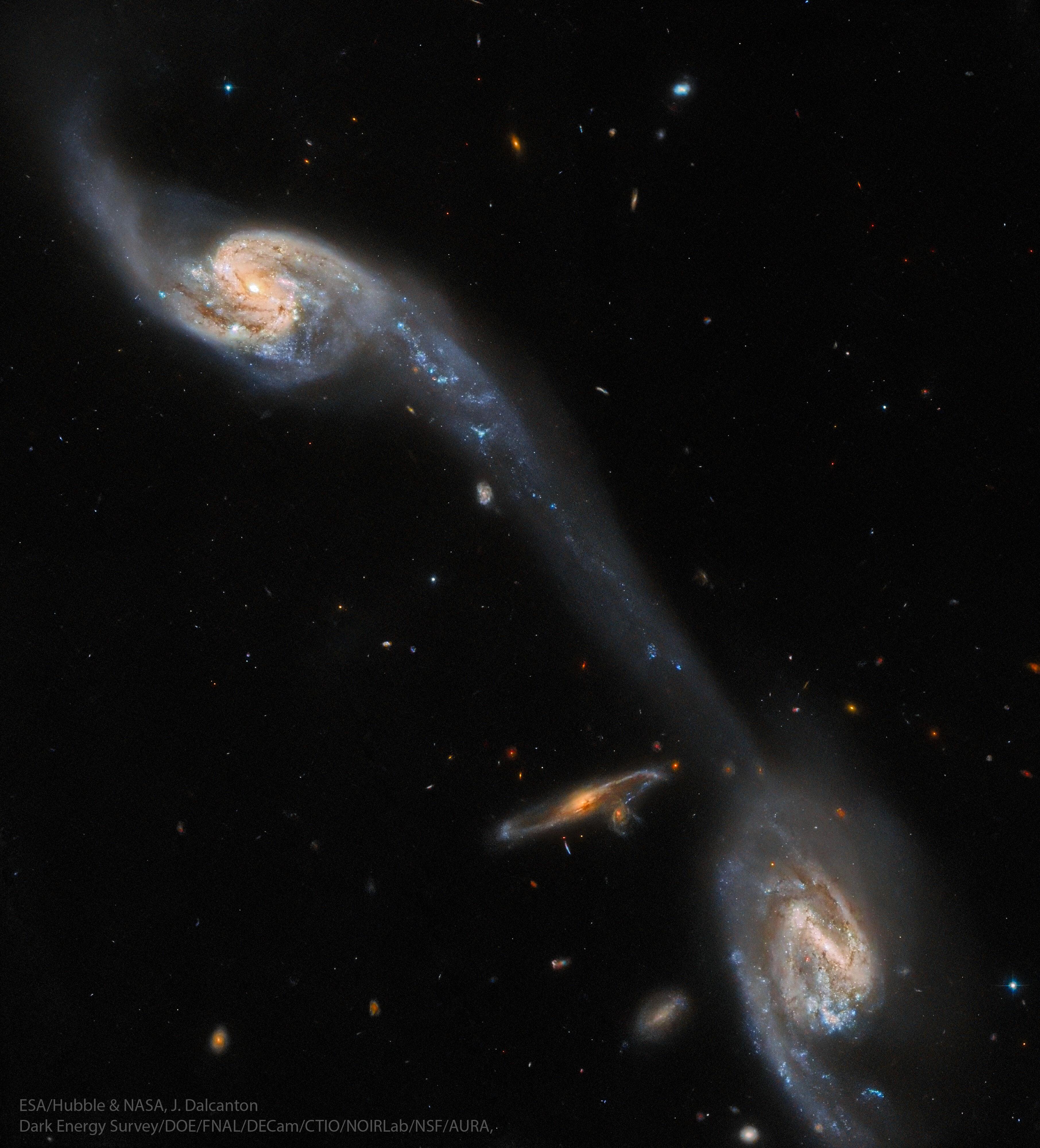 عدّة مجرّاتٍ حلزونيّة تتفاعل فيما بينها مع جسرٍ من النجوم والغاز يربط المجرَّتَين الأكثر سطوعاً.