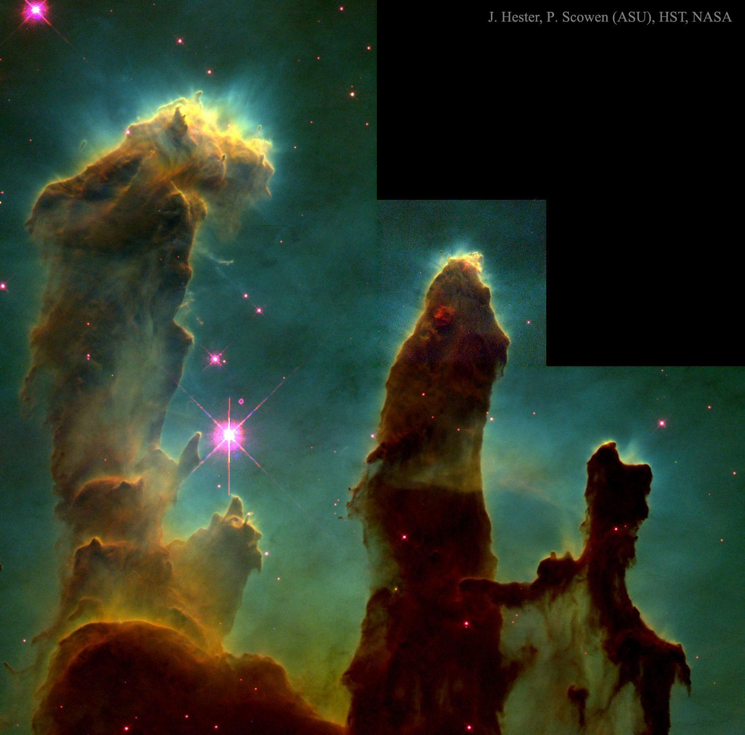 صورة أعمدة الخلق النجمي في سديم العُقاب. تظهر الصورة كريات غازية متبخرة تنبثق من أعمدة غاز الهيدروجين الجزيئي والغبار.
